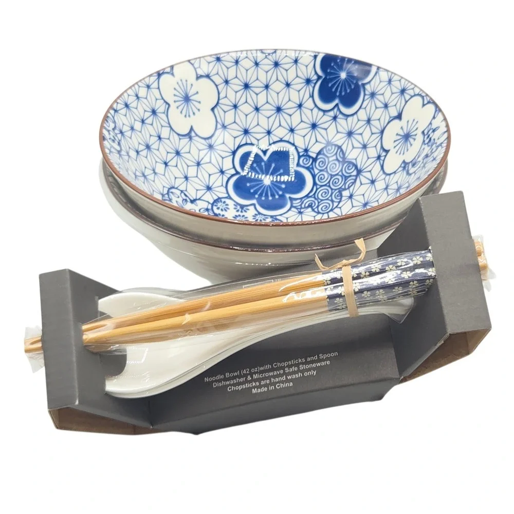 SH Home Blue Floral Ceramic Ramen Noodle Bowl Set of 2 With Chopsticks And Spoon